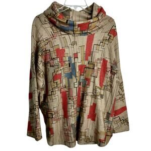 5108)Inoah Abstract Geo Wearable Art Cowl neck Soft Knit Oversized Top Medium